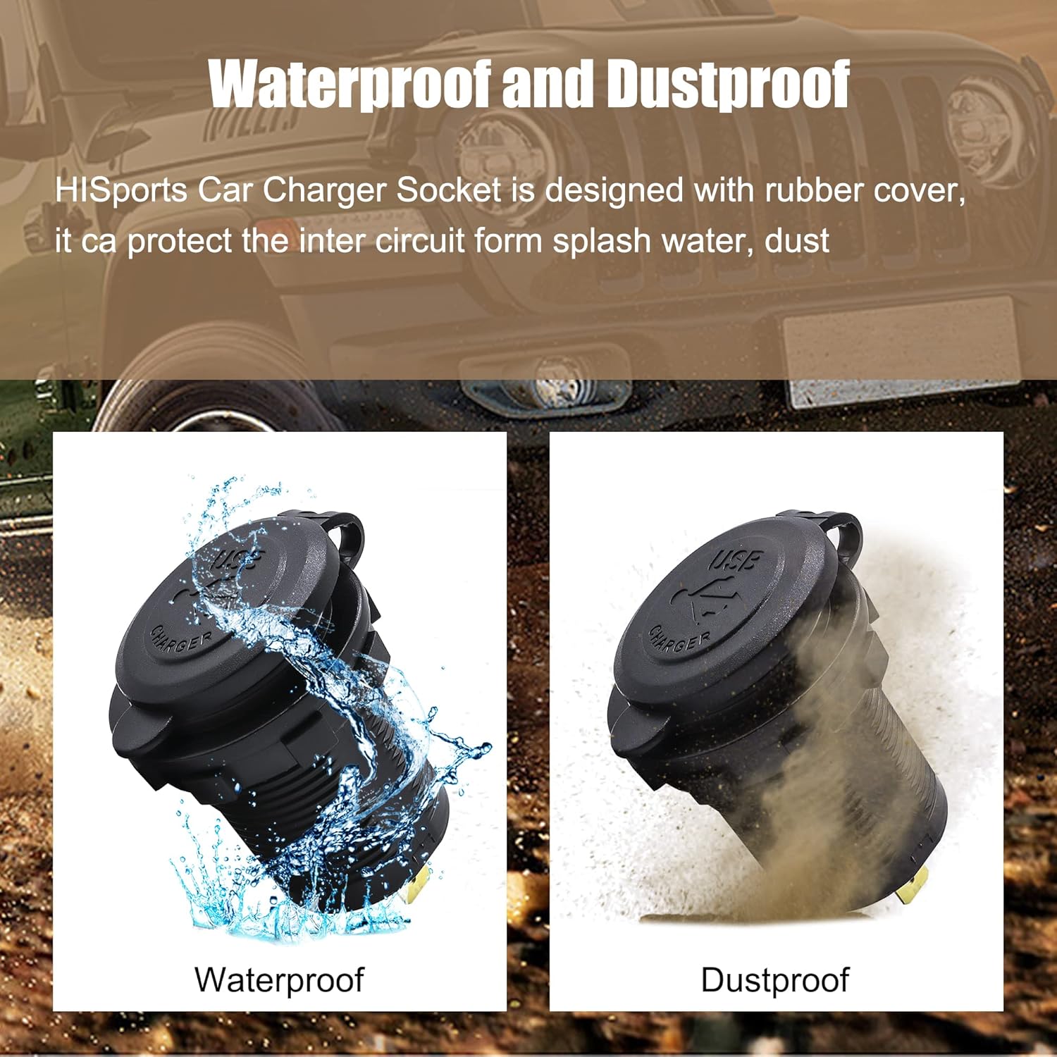 HISports Dual USB Charger Socket QC 3.0 Fast Car Charger Socket Power Outlet with Touch Switch & Blue LED Cigarette Lighter Socket Waterproof for 12V/24V Car, Boats, Motorcycle, Marine, RV, Truck