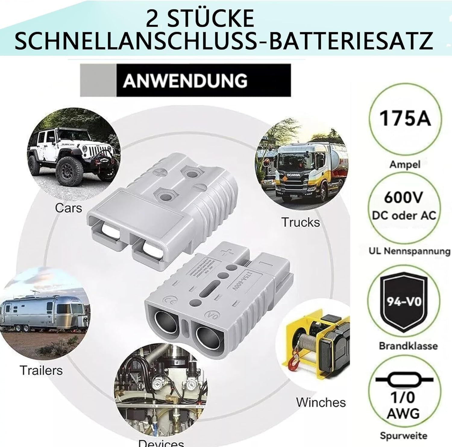 HISports Anderson-Stecker, 175 A, 600 V, Schnelltrenn-Batterieanschluss mit Hartgummikappe, modularer Stromanschluss, Anderson-Stecker-Set