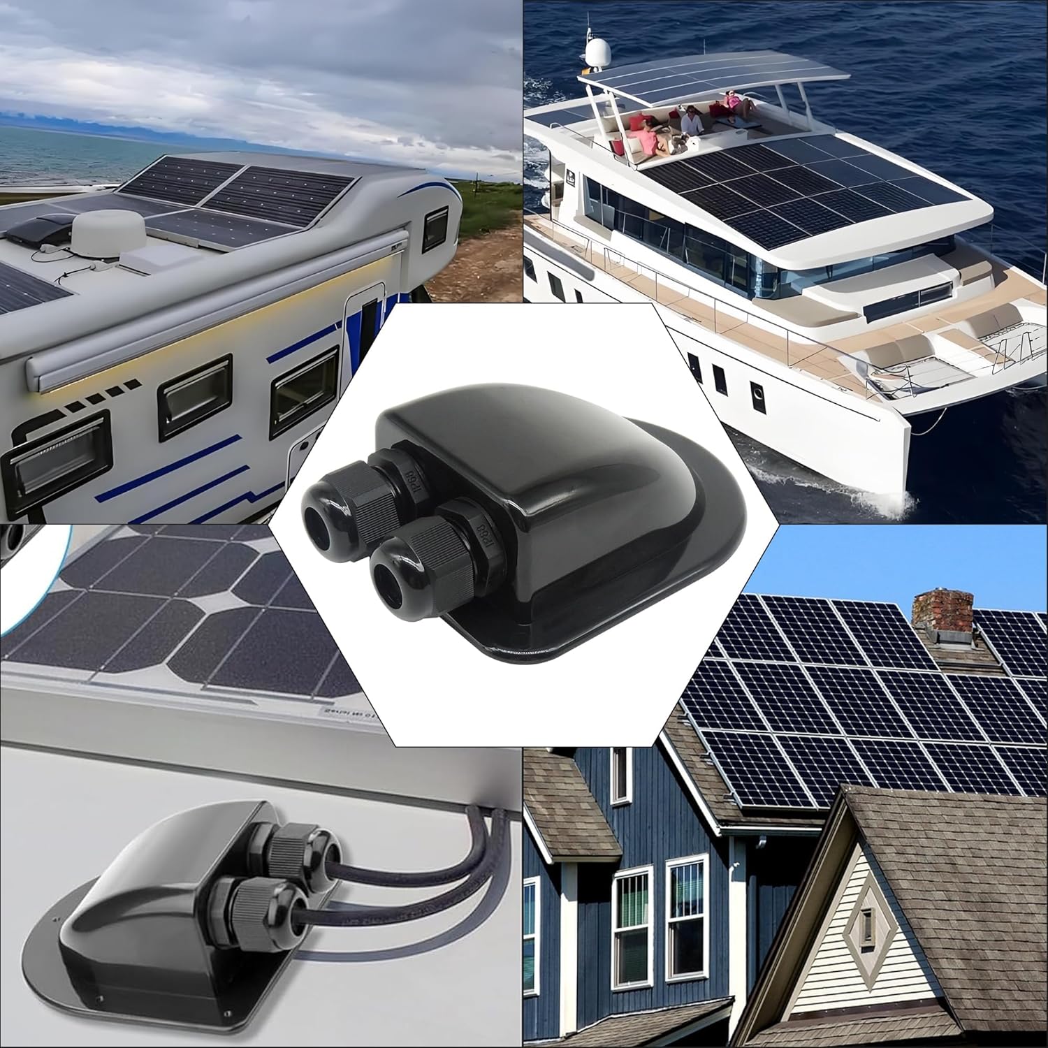 HISports Dachdurchführung 2-Fach Schwarz für Wohnmobil Caravan Boot Solar Kabeldurchführung ABS，mit Schraubenschlüssel, geeignet für Solarprojekte, Wohnmobile, Wohnwagen, Boote