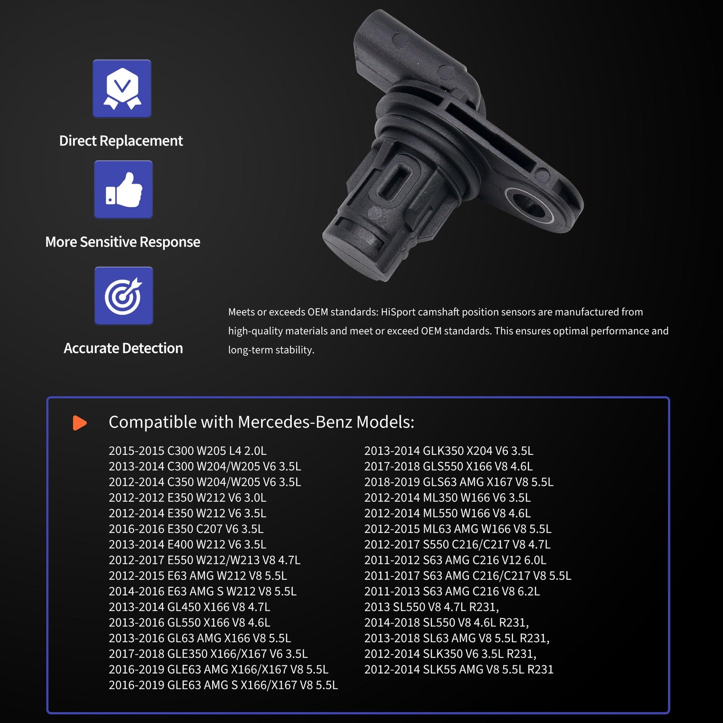 HiSport Engine Camshaft Position Sensor PC973 Compatible with Mercedes-Benz C300 C350 CL550 CL63 E350 E400 E550 E63 G63 GL450 GL550 GLE350 S63 SL550 SL63 SLK350 SLK55 AMG S 2011-2019 2PCS