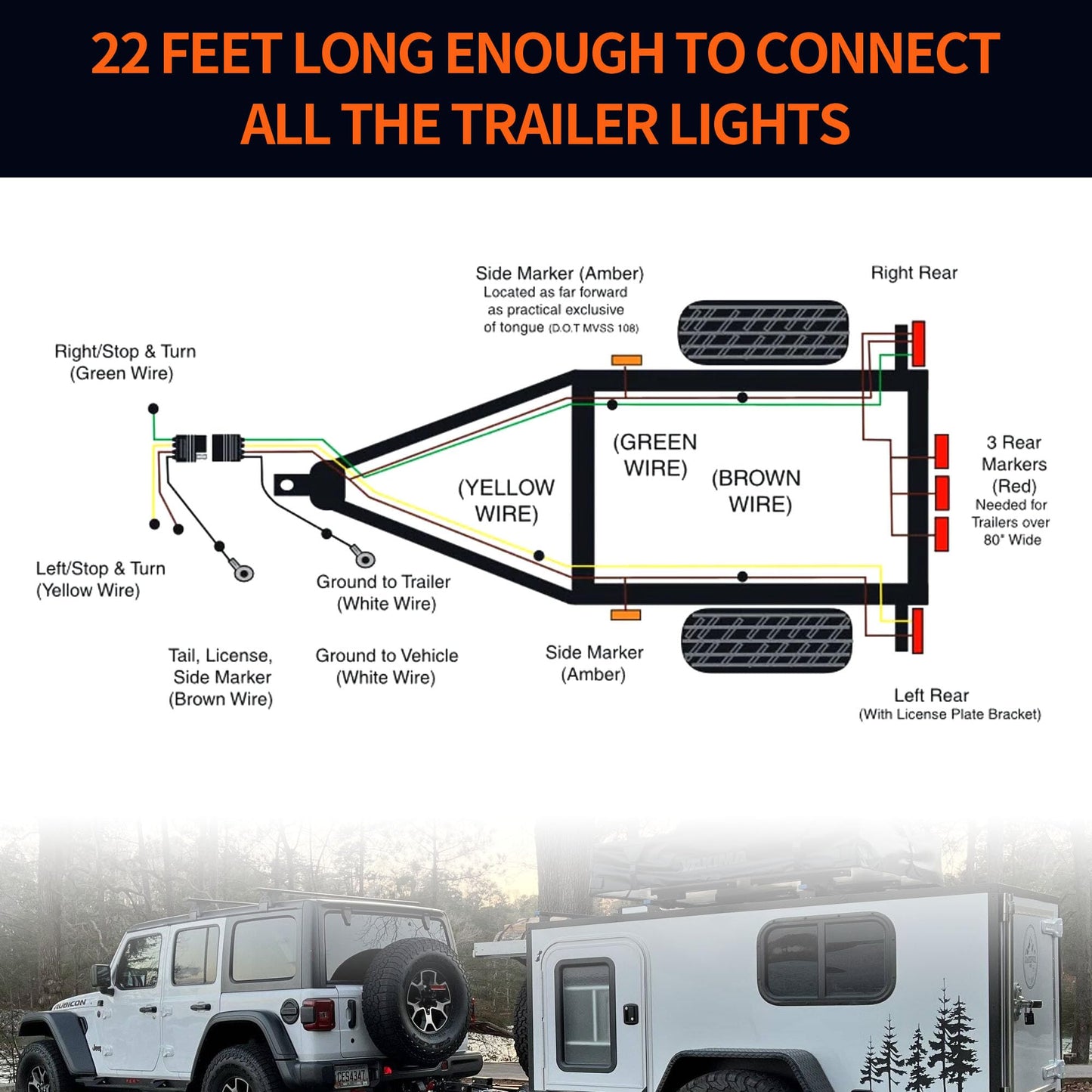 HiSport 4 Pin 5 Wire Trailer Wiring Harness 22FT Trailer Light Kit 5 Wire 4 Pin Harness Trailer Connector Wire Plug for Both-Side Taillights of Rewiring Trailer RV Boat
