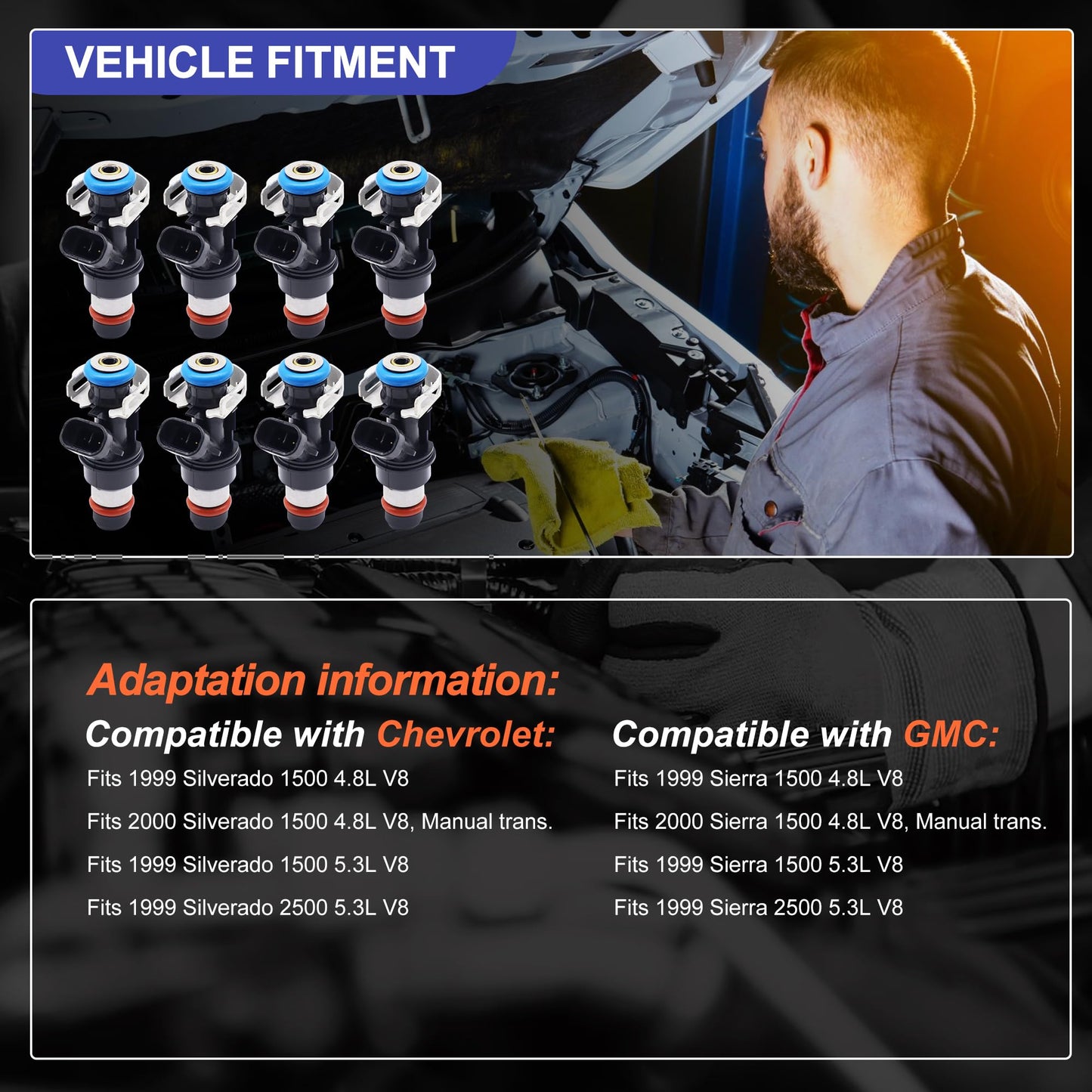 HiSport Fuel Injectors 8PCS Compatible with Chevrolet & GMC Trucks 1999-2000 4.8 & 5.3L V8 Engines 4 Holes Replace 17113582