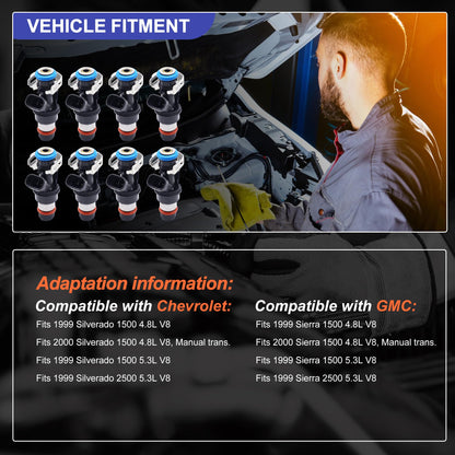 HiSport Fuel Injectors 8PCS Compatible with Chevrolet & GMC Trucks 1999-2000 4.8 & 5.3L V8 Engines 4 Holes Replace 17113582
