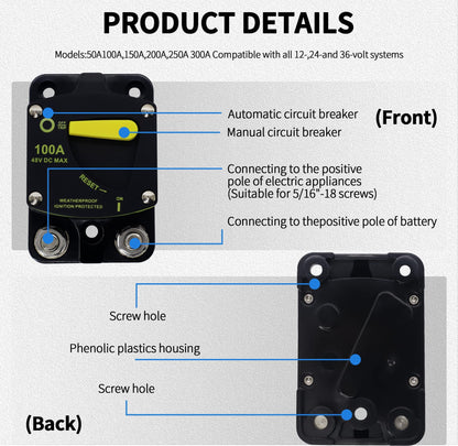 HiSport 100 Amp Circuit Breaker with Manual Reset DC 12-48V Waterproof Fuse Compatible with Boat, RV, Marine, Truck, Solar Systems & Audio - High Amperage Protection & Easy Installation