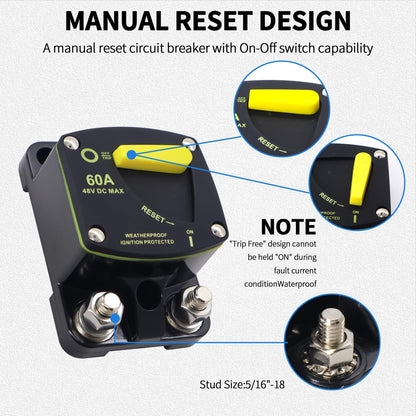 HiSport 60 Amp Circuit Breaker with Manual Reset DC 12-48V Waterproof Fuse Compatible with Boat, RV, Marine, Truck, Solar Systems & Audio - High Amperage Protection & Easy Installation