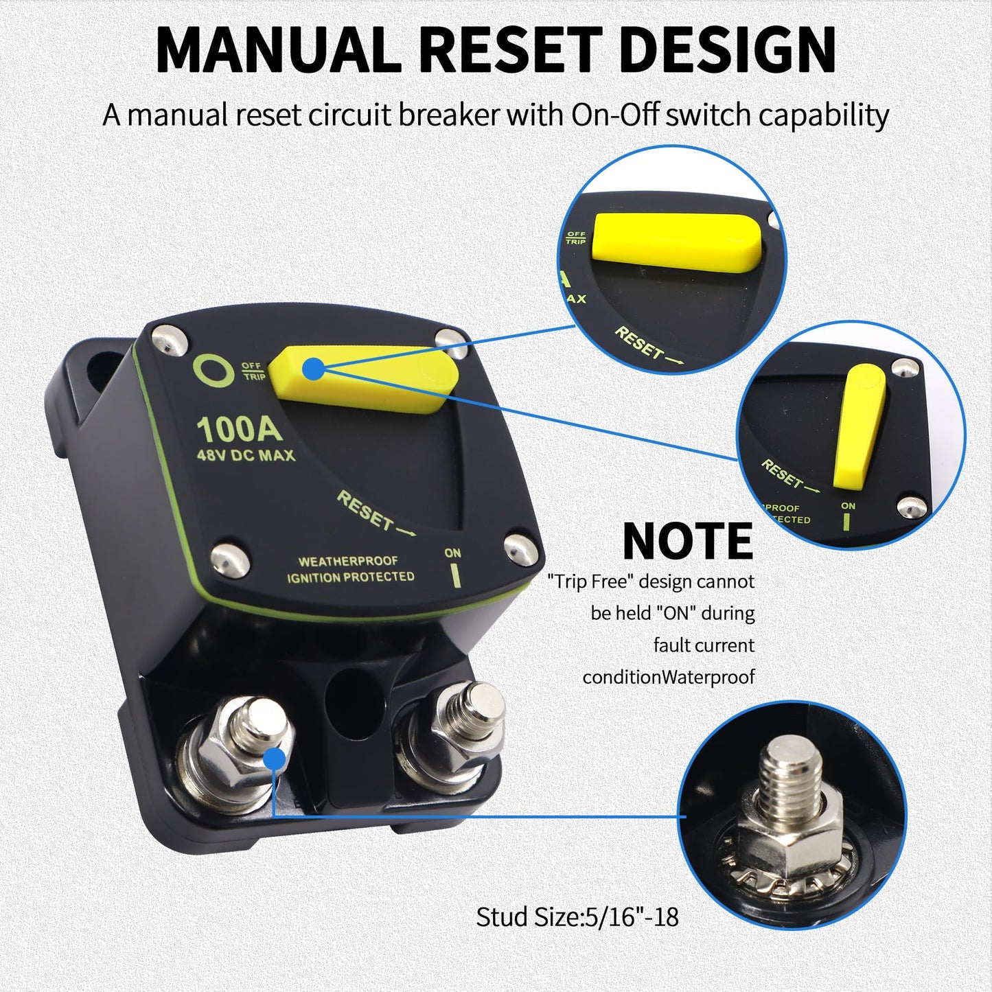 HiSport 100 Amp Circuit Breaker with Manual Reset DC 12-48V Waterproof Fuse Compatible with Boat, RV, Marine, Truck, Solar Systems & Audio - High Amperage Protection & Easy Installation