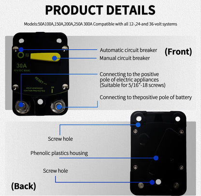HiSport 30 Amp Circuit Breaker with Manual Reset DC 12-48V Waterproof Fuse Compatible with Boat, RV, Marine, Truck, Solar Systems & Audio - High Amperage Protection & Easy Installation