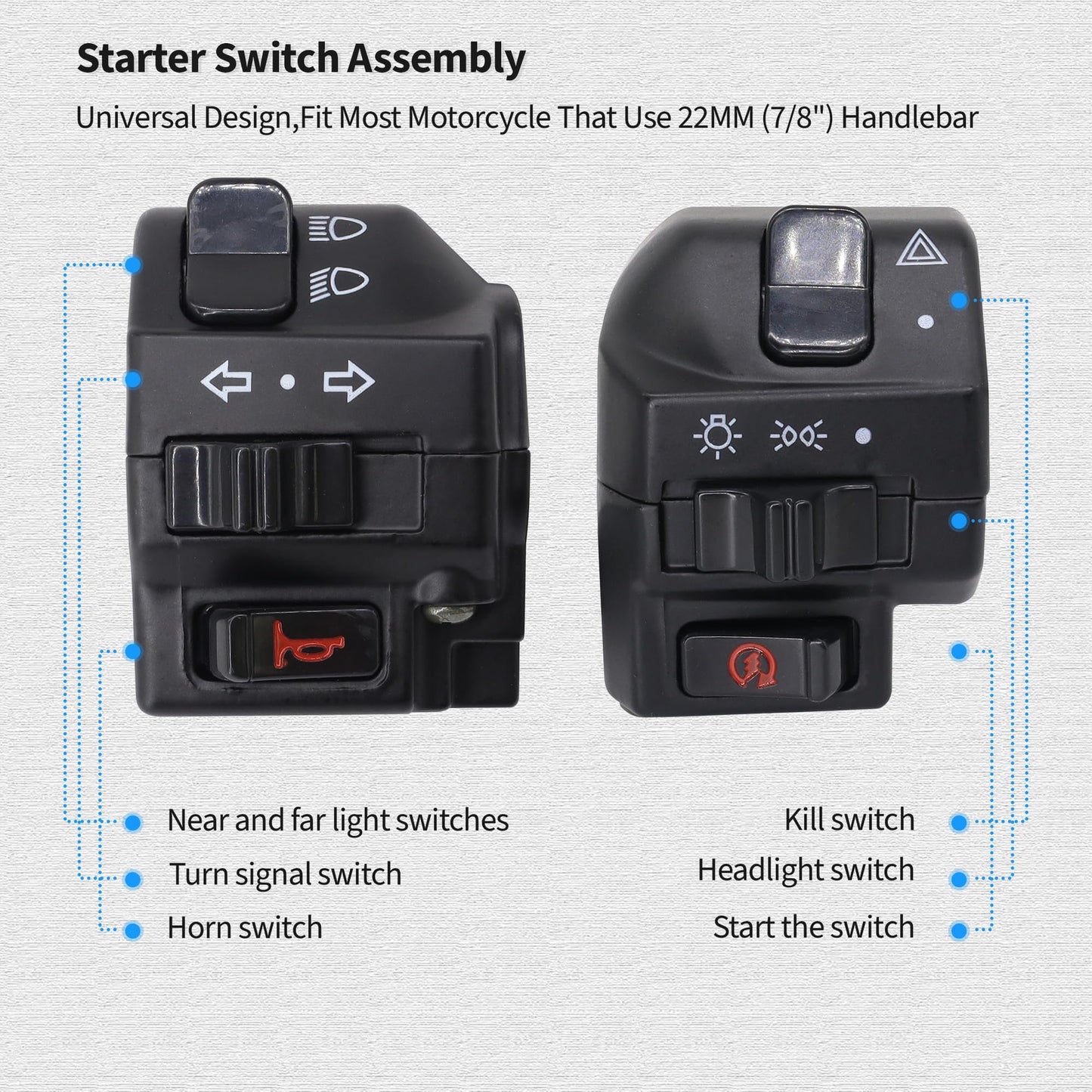 HiSport Black Universal Aluminum 7/8" 22MM Motorcycle Switch Handlebar Motorbike Horn Turn Signal Headlight Control Buttons