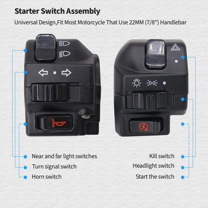 HiSport Black Universal Aluminum 7/8" 22MM Motorcycle Switch Handlebar Motorbike Horn Turn Signal Headlight Control Buttons