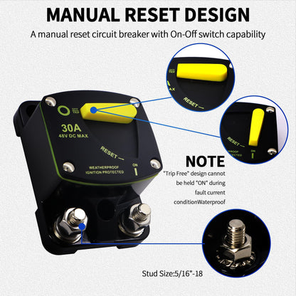 HiSport 30 Amp Circuit Breaker with Manual Reset DC 12-48V Waterproof Fuse Compatible with Boat, RV, Marine, Truck, Solar Systems & Audio - High Amperage Protection & Easy Installation
