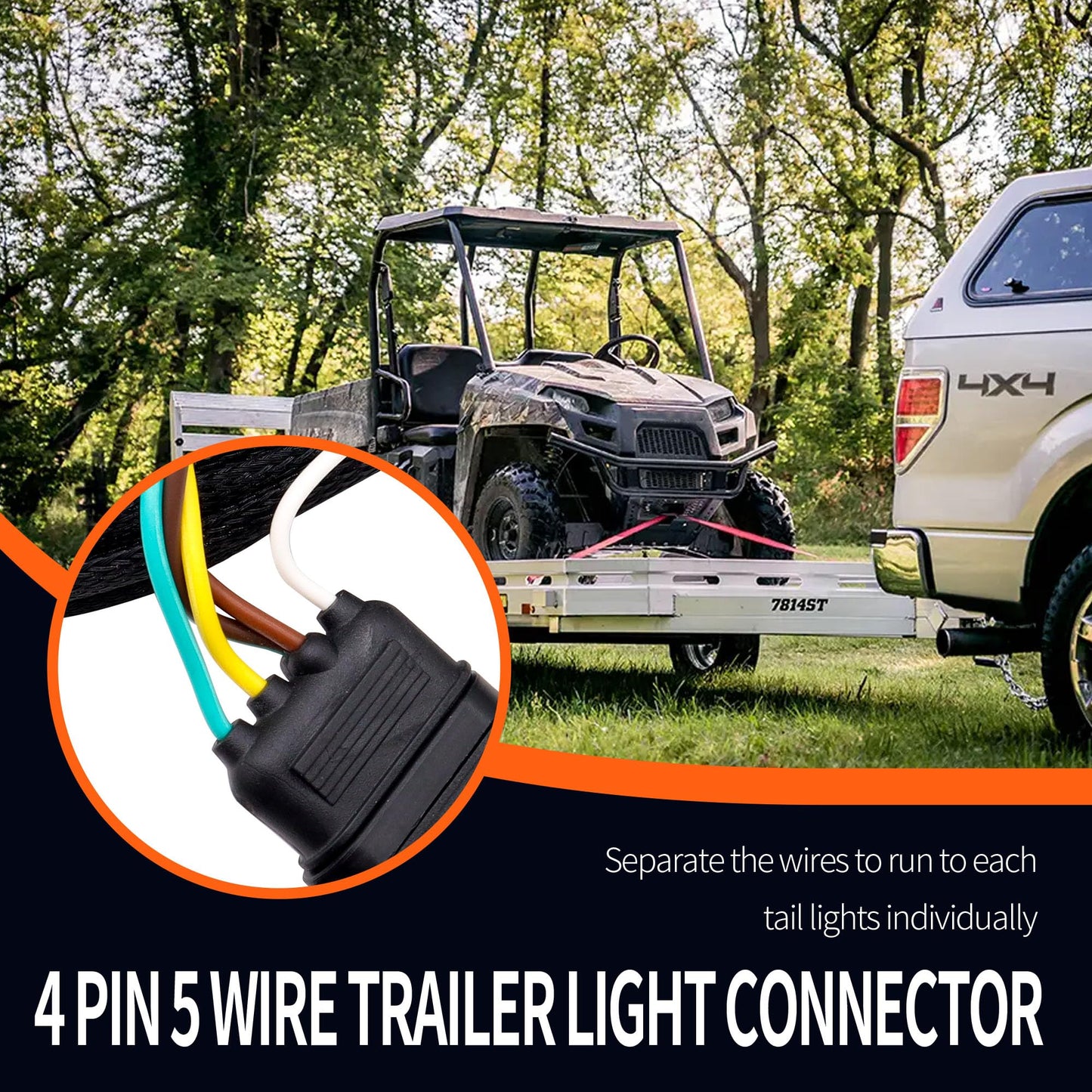 HiSport 4 Pin 5 Wire Trailer Wiring Harness 22FT Trailer Light Kit 5 Wire 4 Pin Harness Trailer Connector Wire Plug for Both-Side Taillights of Rewiring Trailer RV Boat