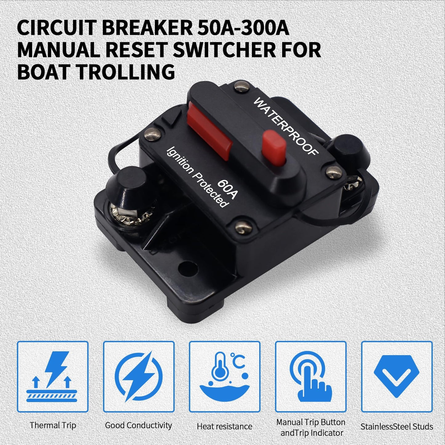 HiSport 60A AMP Circuit Breaker Fuse Holder w/Manual Reset Switch Waterproof DC 12-48V Compatible with Boat Trolling Motor Marine ATV Trailer Vehicles Stereo Audio Electronic Battery Solar System