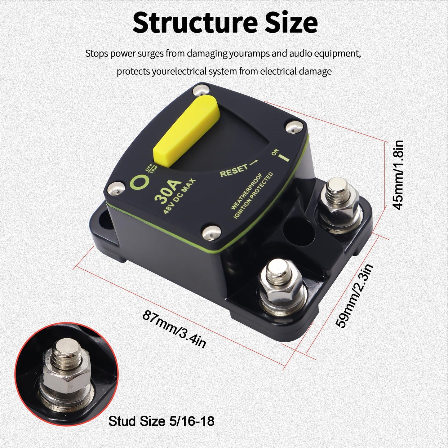 HiSport 30 Amp Circuit Breaker with Manual Reset DC 12-48V Waterproof Fuse Compatible with Boat, RV, Marine, Truck, Solar Systems & Audio - High Amperage Protection & Easy Installation