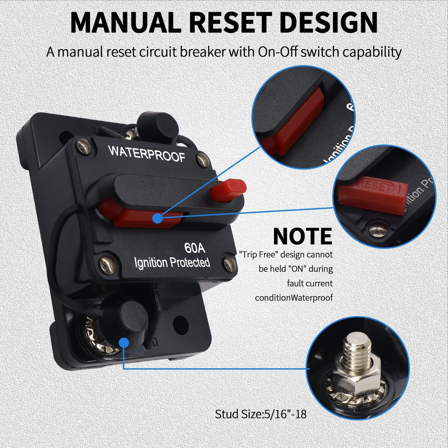 HiSport 60A AMP Circuit Breaker Fuse Holder w/Manual Reset Switch Waterproof DC 12-48V Compatible with Boat Trolling Motor Marine ATV Trailer Vehicles Stereo Audio Electronic Battery Solar System