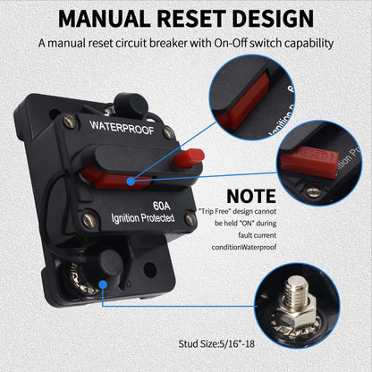 HiSport 60A AMP Circuit Breaker Fuse Holder w/Manual Reset Switch Waterproof DC 12-48V Compatible with Boat Trolling Motor Marine ATV Trailer Vehicles Stereo Audio Electronic Battery Solar System