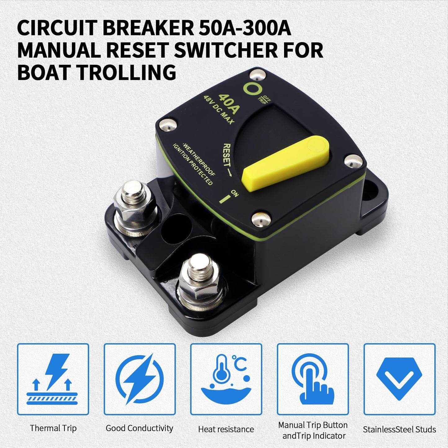 HiSport 40 Amp Circuit Breaker with Manual Reset DC 12-48V Waterproof Fuse Compatible with Boat, RV, Marine, Truck, Solar Systems & Audio - High Amperage Protection & Easy Installation