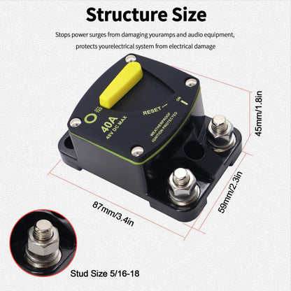 HiSport 40 Amp Circuit Breaker with Manual Reset DC 12-48V Waterproof Fuse Compatible with Boat, RV, Marine, Truck, Solar Systems & Audio - High Amperage Protection & Easy Installation