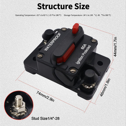 HiSport 60A AMP Circuit Breaker Fuse Holder w/Manual Reset Switch Waterproof DC 12-48V Compatible with Boat Trolling Motor Marine ATV Trailer Vehicles Stereo Audio Electronic Battery Solar System