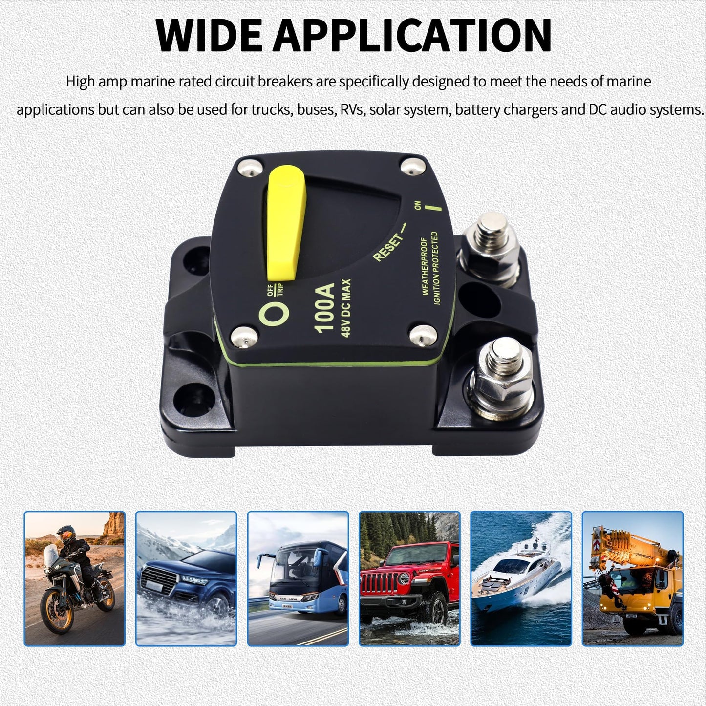 HiSport 100 Amp Circuit Breaker with Manual Reset DC 12-48V Waterproof Fuse Compatible with Boat, RV, Marine, Truck, Solar Systems & Audio - High Amperage Protection & Easy Installation