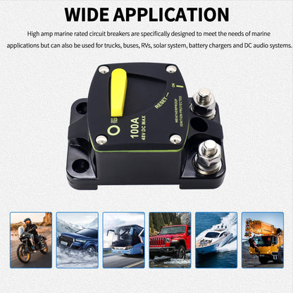 HiSport 100 Amp Circuit Breaker with Manual Reset DC 12-48V Waterproof Fuse Compatible with Boat, RV, Marine, Truck, Solar Systems & Audio - High Amperage Protection & Easy Installation