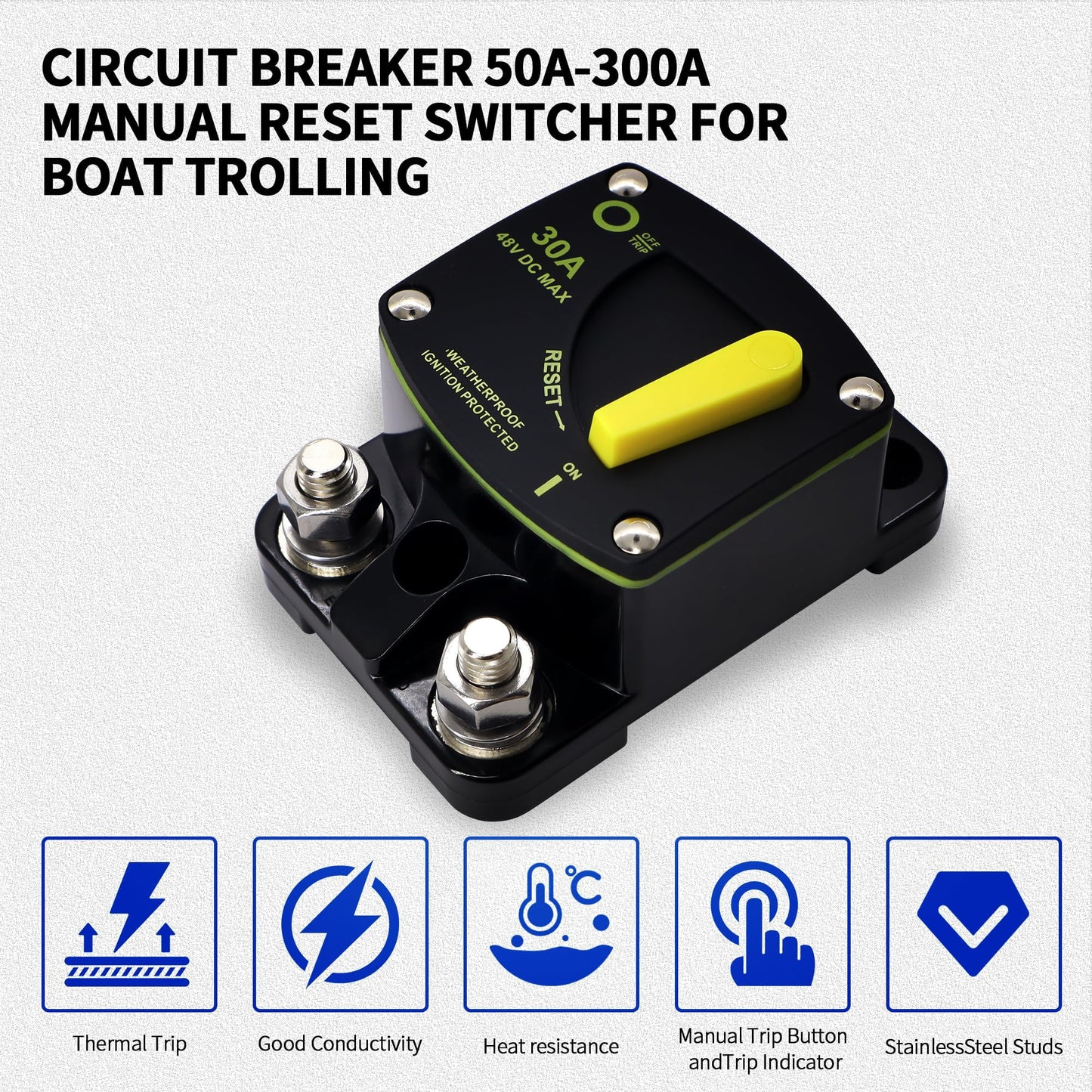 HiSport 30 Amp Circuit Breaker with Manual Reset DC 12-48V Waterproof Fuse Compatible with Boat, RV, Marine, Truck, Solar Systems & Audio - High Amperage Protection & Easy Installation