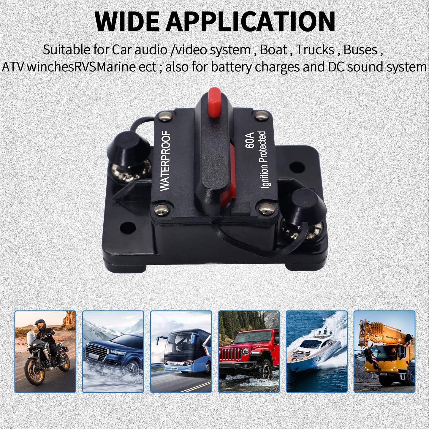 HiSport 60A AMP Circuit Breaker Fuse Holder w/Manual Reset Switch Waterproof DC 12-48V Compatible with Boat Trolling Motor Marine ATV Trailer Vehicles Stereo Audio Electronic Battery Solar System