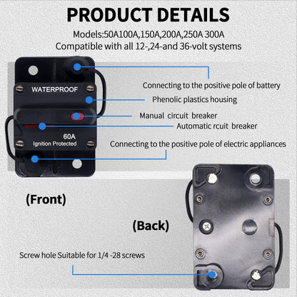 HiSport 60A AMP Circuit Breaker Fuse Holder w/Manual Reset Switch Waterproof DC 12-48V Compatible with Boat Trolling Motor Marine ATV Trailer Vehicles Stereo Audio Electronic Battery Solar System
