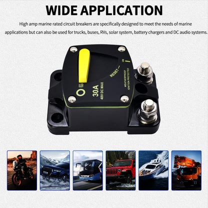 HiSport 30 Amp Circuit Breaker with Manual Reset DC 12-48V Waterproof Fuse Compatible with Boat, RV, Marine, Truck, Solar Systems & Audio - High Amperage Protection & Easy Installation