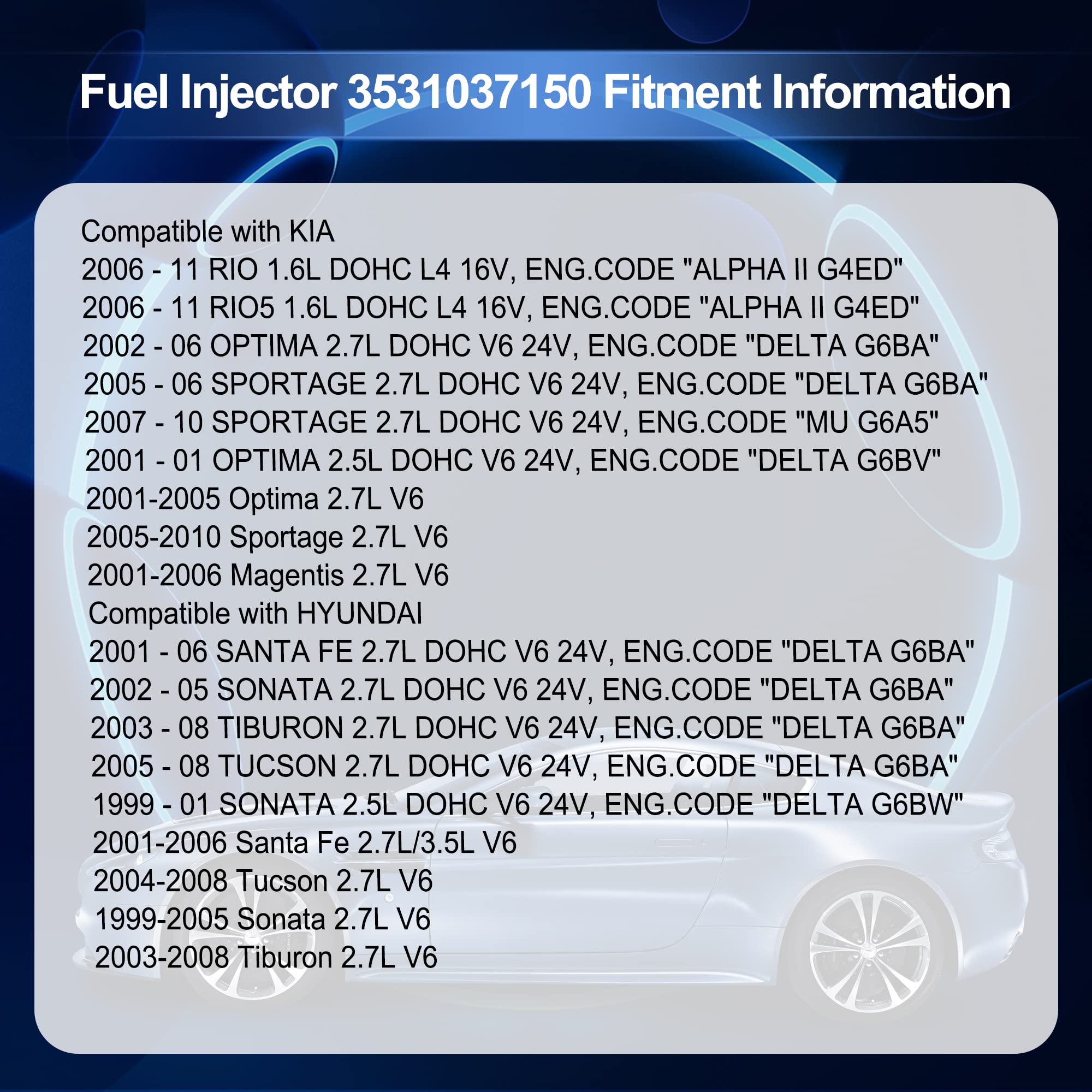 HiSport Fuel Injectors 3531037150 Compatible with 1999-11 Hyundai Kia 1.6L 2.5L 2.7L 4 PCS/PACK - HiSport